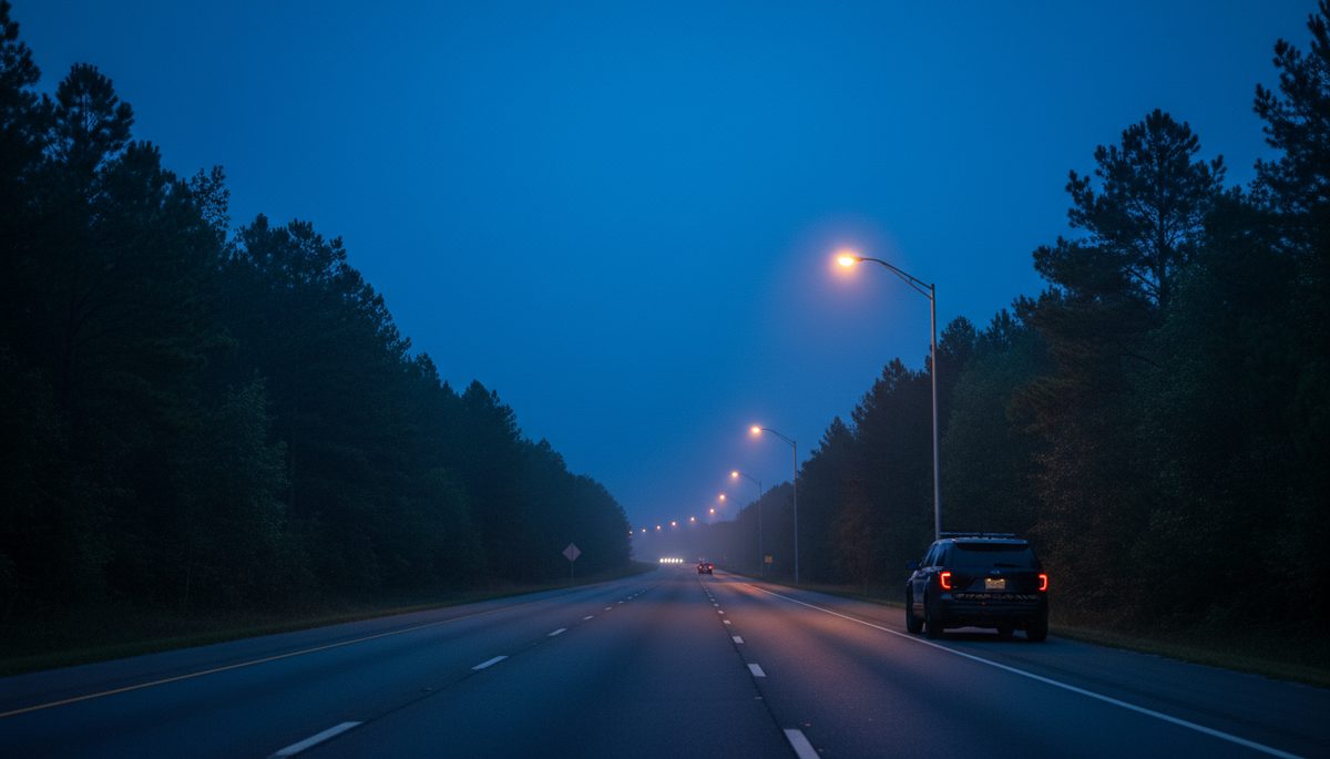 A Southern interstate at dusk with a state trooper SUV silhouette parked on the shoulder.