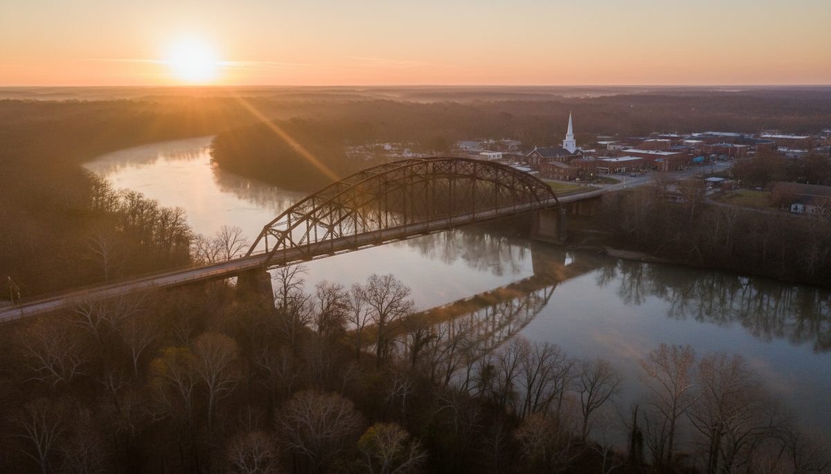 A historic steel-arch bridge over a wide river at sunrise, mist rising over the water, evoking the civil-rights-era Deep South.
