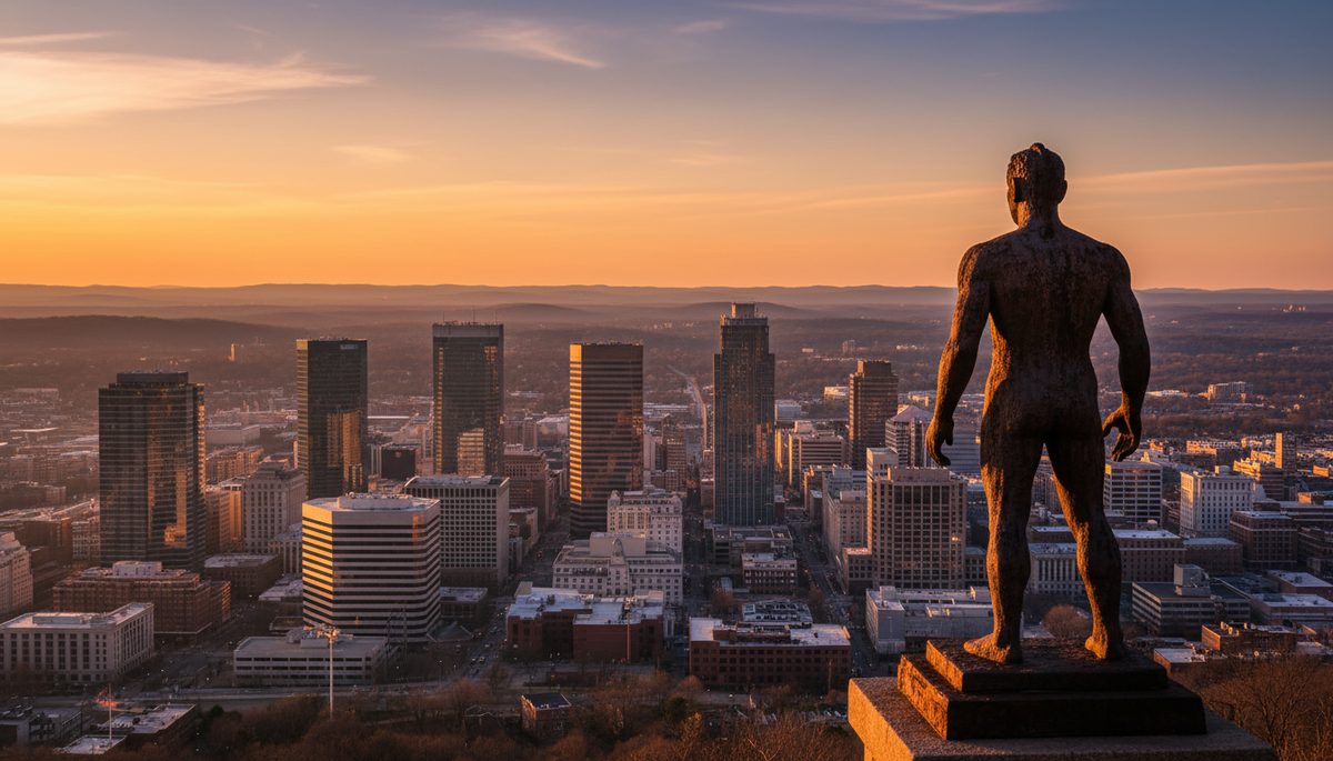 The Birmingham, Alabama skyline at sunset from Red Mountain, with an industrial cast-iron statue silhouette in the foreground.